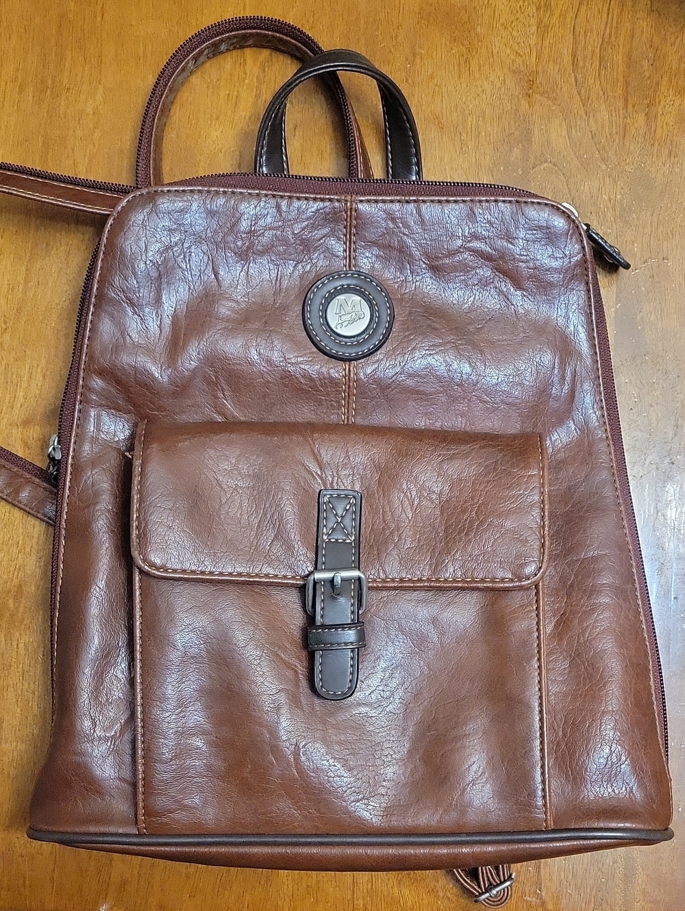 Mouflon Women's Brown Leather Backpack with Front Buckle Pocket